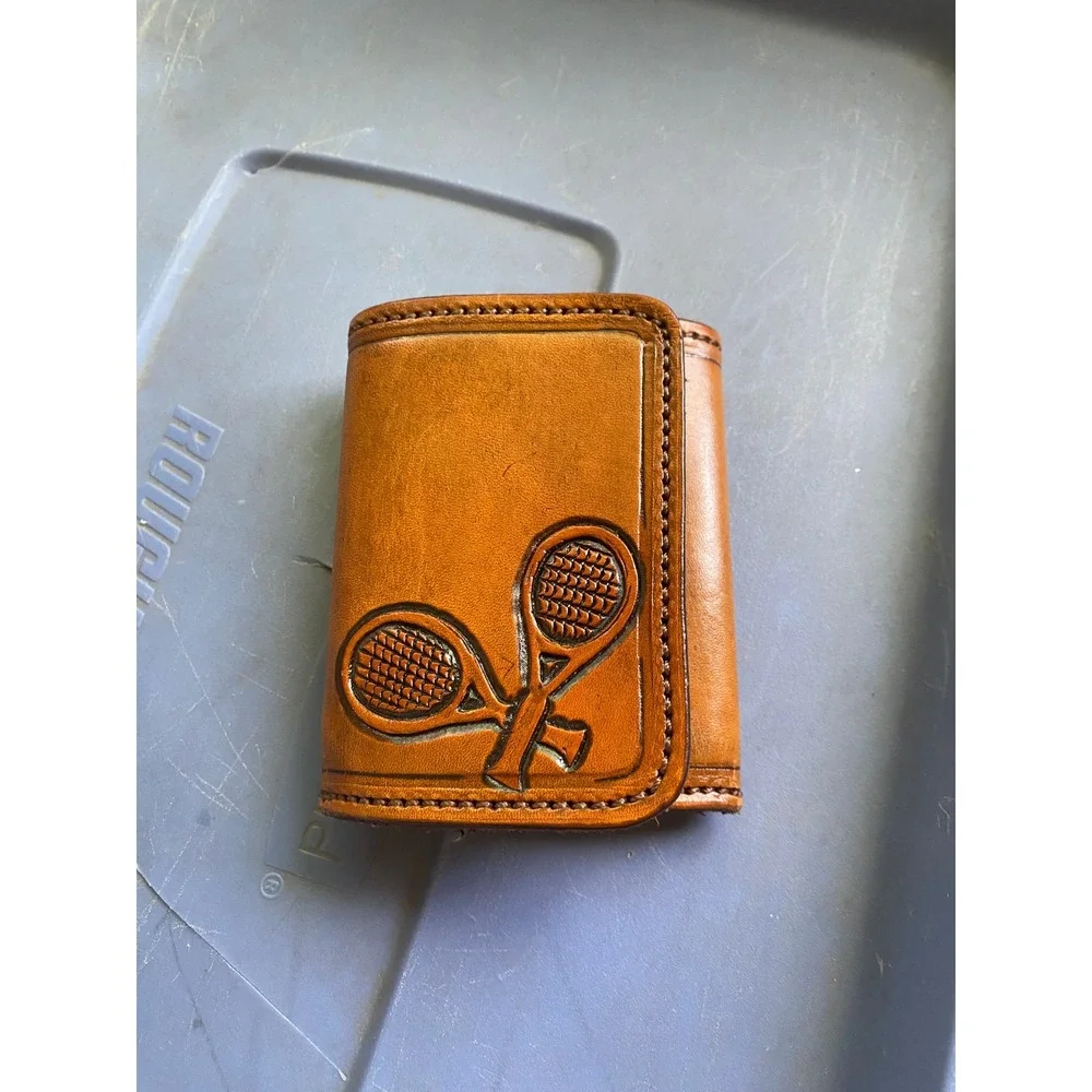 Vintage Tooled Leather Tennis Trifold Wallet Tan Handmade Preppy Sporty Western
